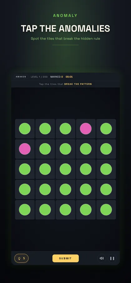 ANOMALY gameplay — finding the tiles that break the hidden pattern on a grid of shapes