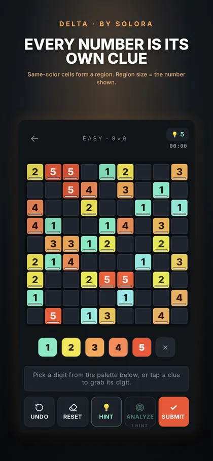 DELTA gameplay — solving a 9×9 Fillomino logic puzzle on a thermal-colored grid