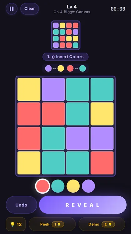 FLIPSIDE gameplay — painting the predicted grid after mirror and rotate transformations