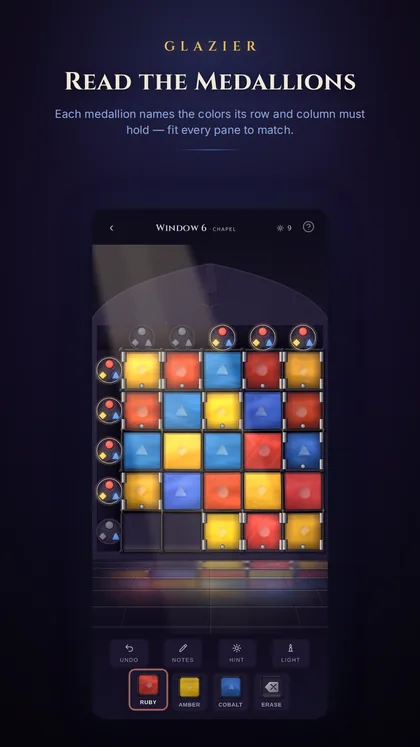 GLAZIER gameplay — a cathedral window of ruby, amber, cobalt and clear stained-glass panes, with colour medallions along the top and side of the grid