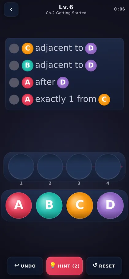 LOCKSTEP puzzle screen — constraint rules naming lettered colored gems, above a socket timeline and token tray