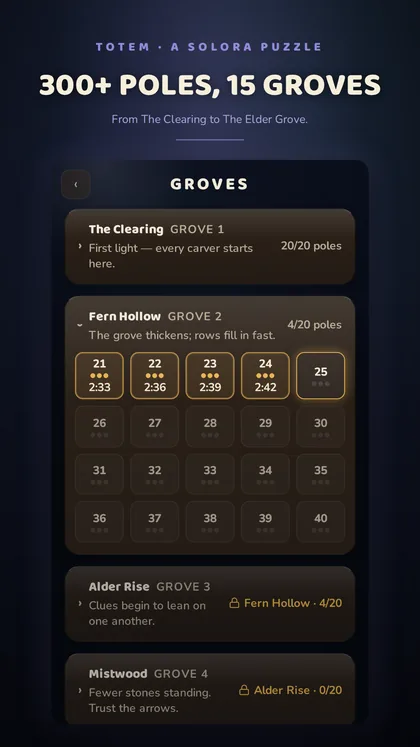 TOTEM grove select — the ladder of 15 named groves from The Clearing to The Elder Grove, showing pole counts and progress