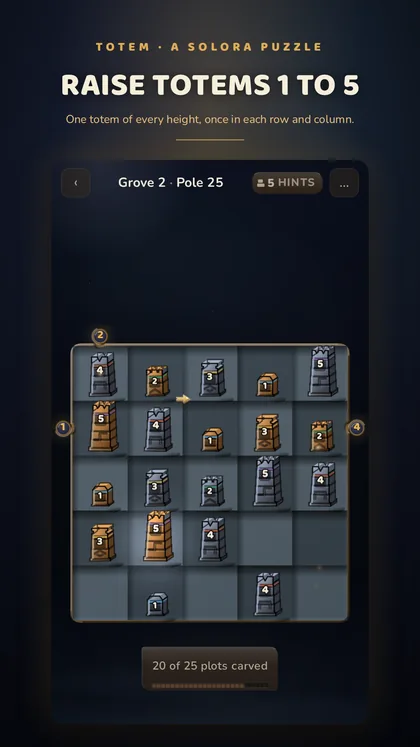 TOTEM gameplay — a 5×5 grove being carved, with totems of different heights, gold arrow clues between plots and sky numbers along the edges