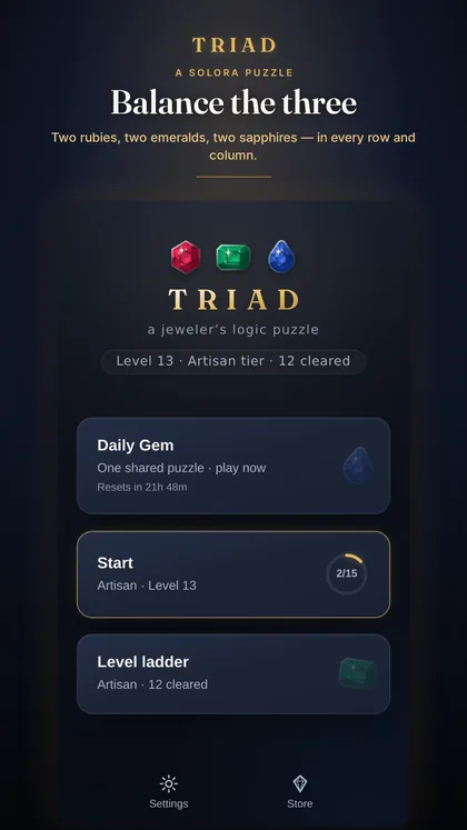 TRIAD home screen — the Daily Gem card, a Start button showing the current Artisan tier, and the level ladder across seven jeweler's ranks
