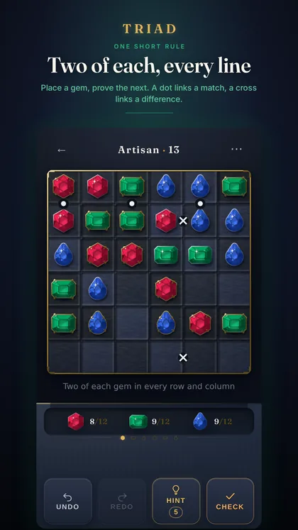 TRIAD gameplay — a 6×6 jeweler's tray being filled with ruby, emerald and sapphire gems, with dot and cross links between neighbouring settings